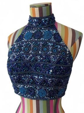 Sherri Hill High Neck Fully Beaded Sequin Crop Top Open Keyhole Back